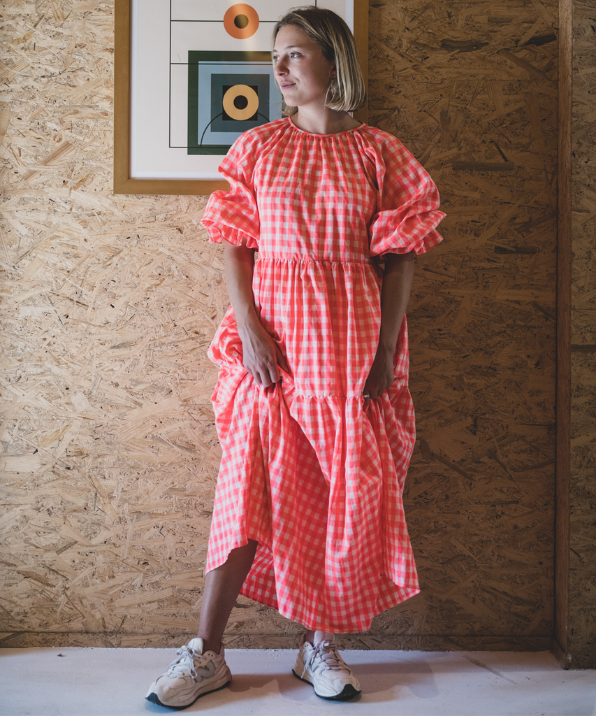 Tiered gingham 2025 maxi dress